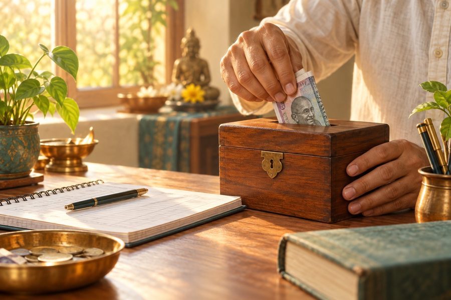 लकड़ी के गल्ले में पैसे डालता हाथ