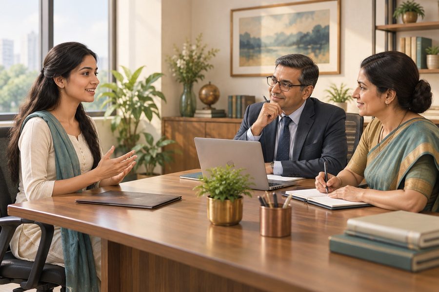Office में interview देती युवती